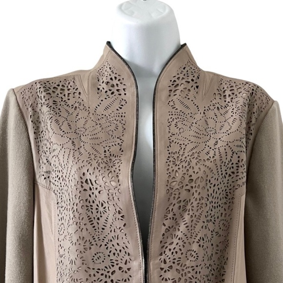 Elie Tahari Shira Leather Jacket Size Large Laser Cut Sahara Khaki - Picture 9 of 15